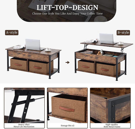 Lift Top Coffee Table, Coffee Table with 2 Storage Boxes & Hidden Compartment, Center Table for Living Room, with Storage Shelf and Metal Frame, Wooden Lift Tabletop, Modern Retro Central Table