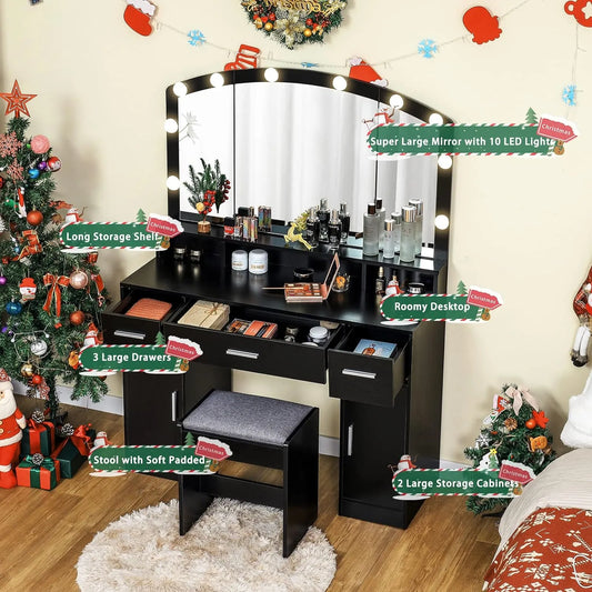 usikey Large Vanity Set with Large Lighted Mirror, Modern Makeup Vanity Table with 3 Drawers, 2 Storage Cabinets & 10 LED Bulbs, Dressing Table with Cushioned Stool for Women, Bedroom, Black