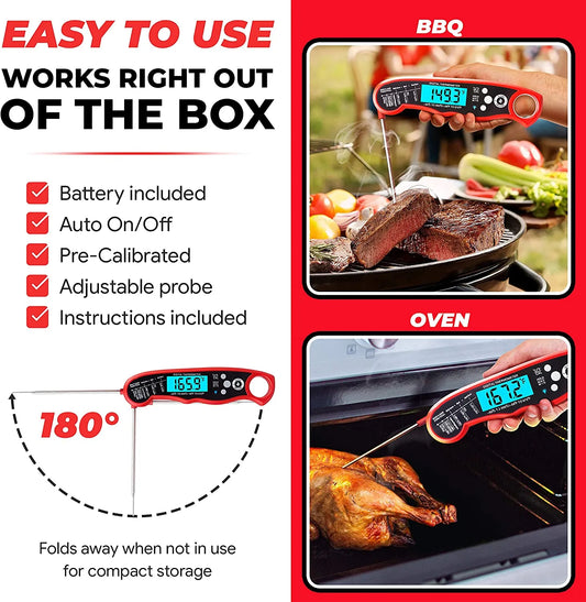 Instant Read Meat Thermometer for Grill and Cooking. Best Waterproof Ultra Fast Thermometer with Backlight & Calibration. Digital Food Probe for Kitchen, Outdoor Grilling and BBQ!
