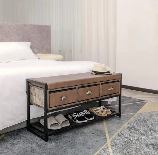 X-cosrack Industrial Shoe Bench Rack, 3-Tier Shoe Storage Organizer Shelf, Cushion Storage Bench with 3 Drawers &Mesh Shelf for Bedroom Hallway Entryway Living Room,Brown and Black