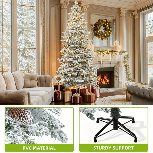 🔥🔥Dextrus 9FT Pre- Lit Snow- Flocked Mountain Pine Artificial Christmas Tree, Pre- Decorated with 1818 Branch Tips, 820 LED Lights, and 80 Pinecones for Holiday Home and Party Decorations