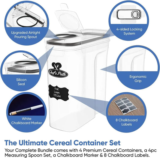 Chef's Path Cereal Containers Storage Set, Airtight Food Storage Containers, Kitchen & Pantry Organization, 8 Labels, Spoon Set & Pen, Great for Flour - BPA-Free Dispenser Keepers (135.2oz)
