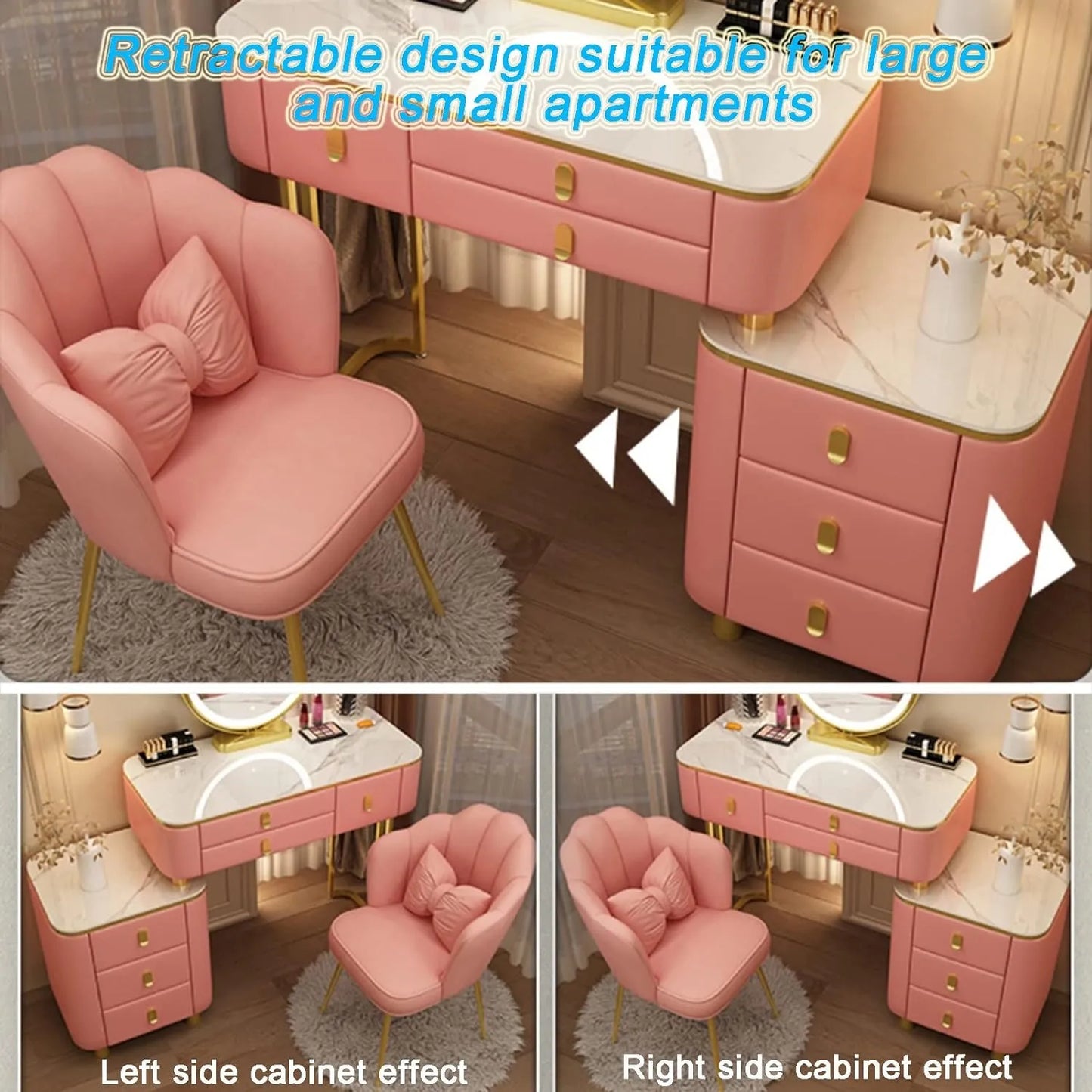 BUJOG Dressing Table with Lighted Mirror, Dressing Table with Padded Stool and 6 Drawers, Dressing Table Set with 3 Colour Lighting Modes, Storage Shelves for Girls and Women Bedrooms