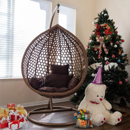 J.M.Deco Porch Swing Chair with Stand, Cushion & Pillow, Goldden Egg Rattan Wicker Swing Hanging Chair, Hammock Chair for Indoor, Outdoor, Garden, Backyard & Patio