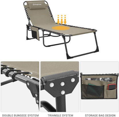 Adjustable 4-Position Folding Chaise Lounge Chair with Pillow Pocket, Supports 265lbs