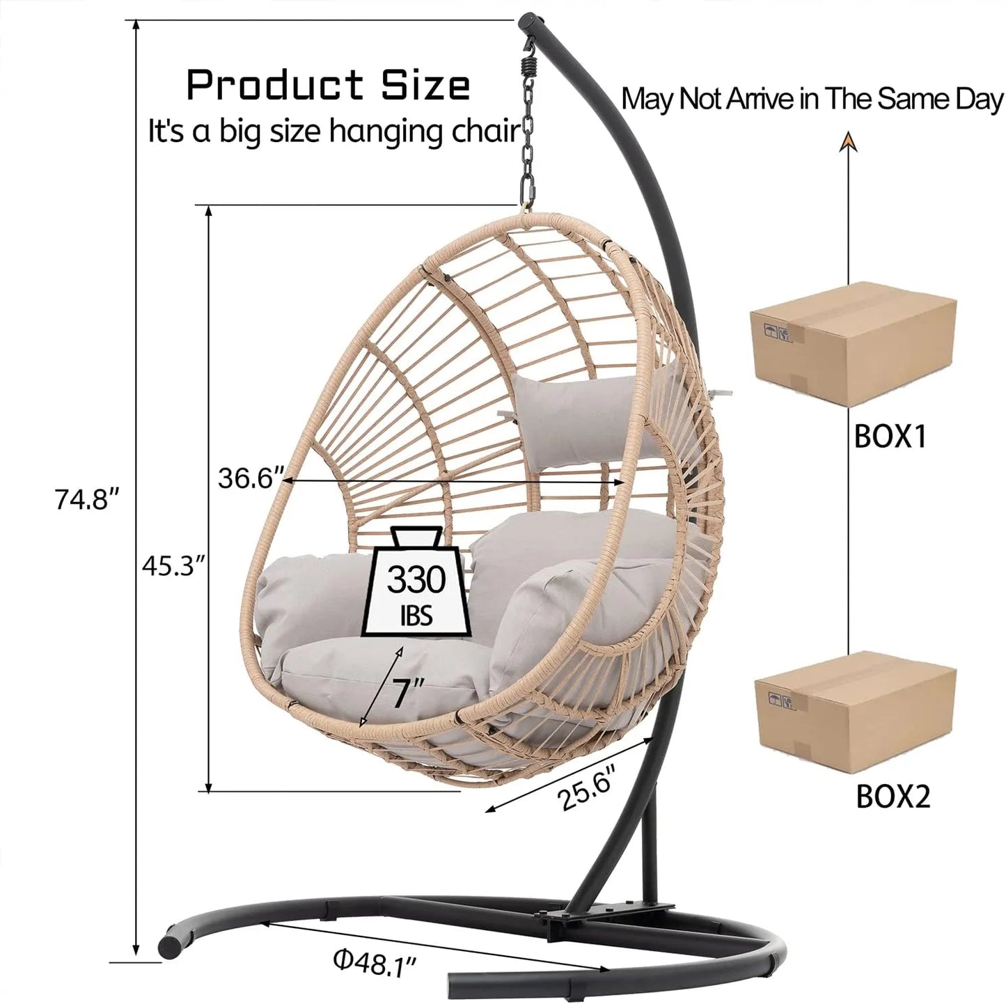 JOYBASE Hanging Egg Chair with Stand, Outdoor Wicker Rattan Egg Swing Chair with Stand and Cushion for Indoor Outdoor Bedroom Patio Garden (Grey/Black)