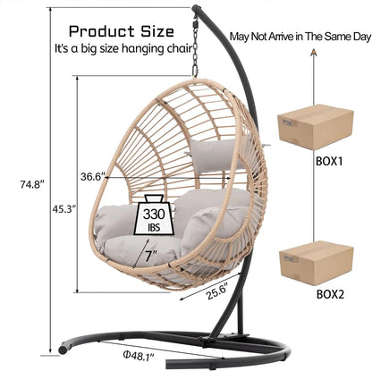 JOYBASE Hanging Egg Chair with Stand, Outdoor Wicker Rattan Egg Swing Chair with Stand and Cushion for Indoor Outdoor Bedroom Patio Garden (Grey/Black)