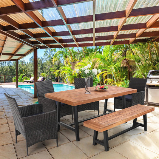 6 Piece Outdoor Dining Set with Acacia Wood Table & Wooden Bench and 4 Cushioned Rattan Wicker Chairs