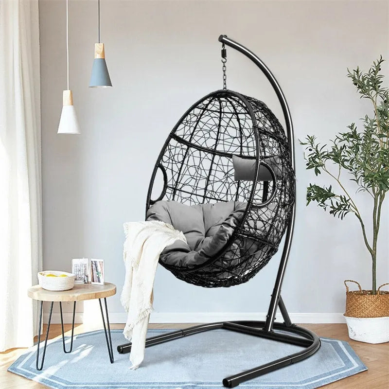 Outdoor Hanging Egg Chair Swing Hammock Chair Set with Stand & Cushion
