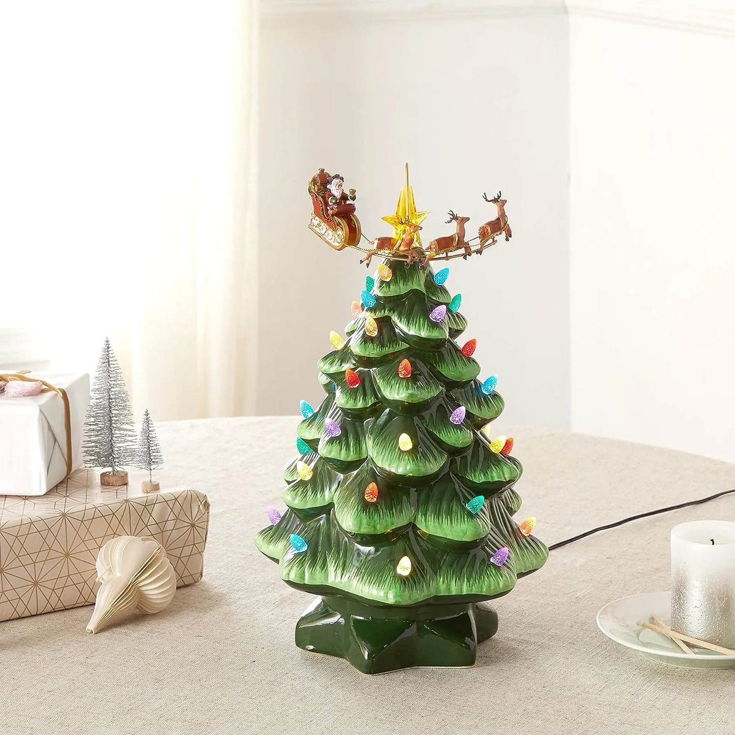 Mr. Christmas Nostalgic Ceramic Christmas Tree with LED, 14 Inches, Santa & Reindeer