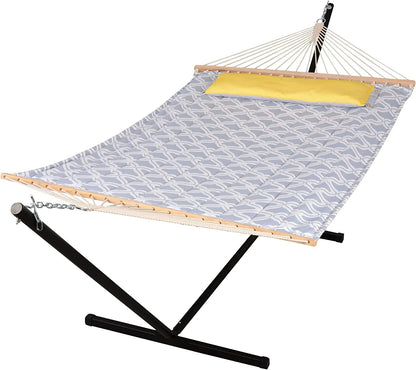 55 Inch Extra Large Double Hammock with Stand, 475lbs Capacity, Outdoor Portable Hammock with Hardwood Spreader Bar, Extra Large Pillow