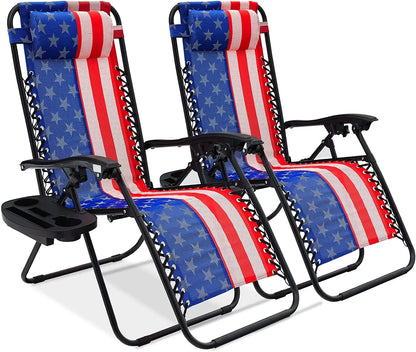 Set of 2 Adjustable Steel Mesh Zero Gravity Lounge Chair Recliners w/Pillows and Cup Holder Trays
