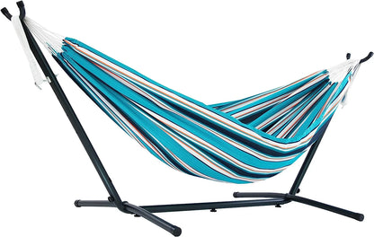 Double Cotton Hammock with Space Saving Steel Stand, Tropical (450 lb Capacity - Premium Carry Bag Included)
