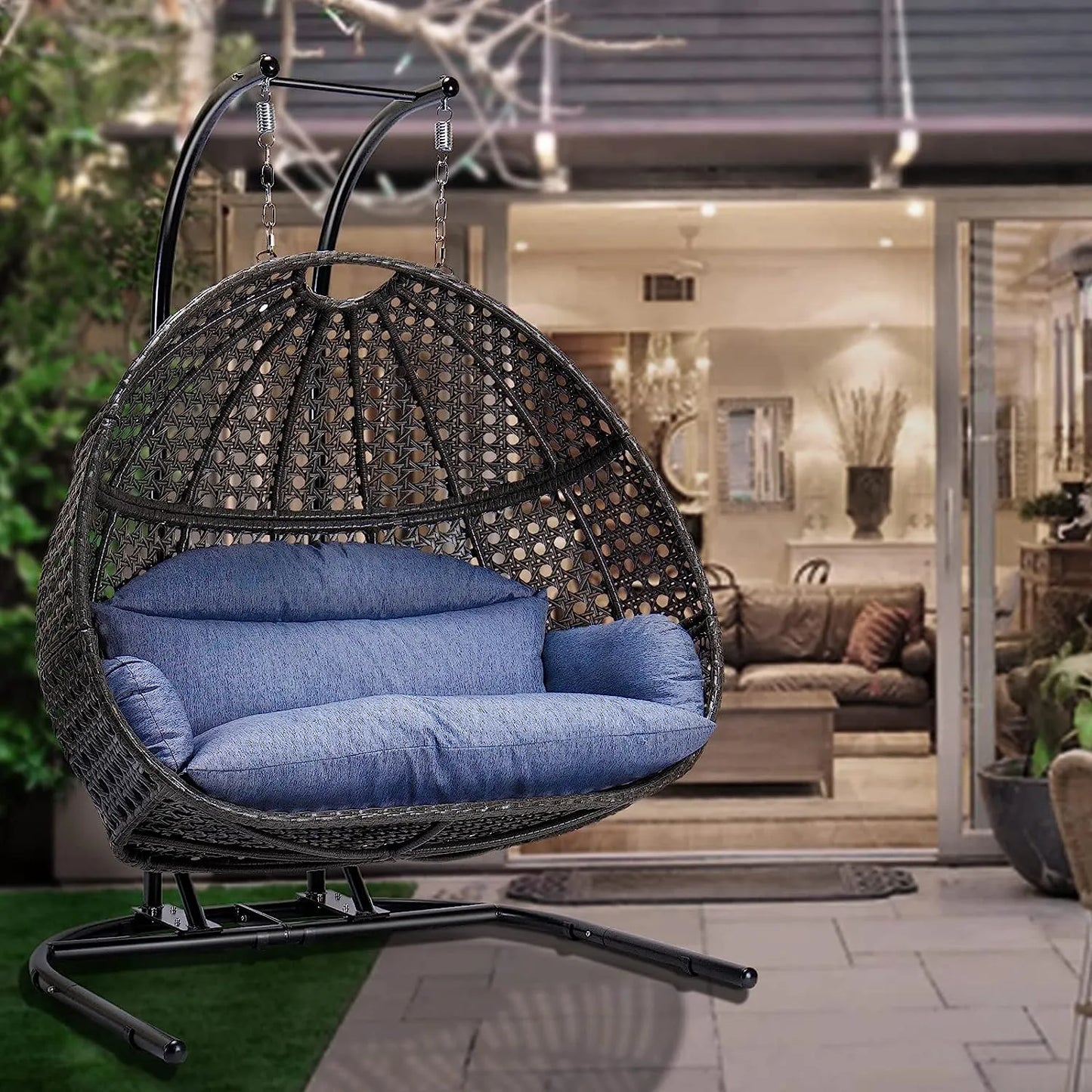 JOYBASE Hanging Egg Chair with Stand, Outdoor Wicker Rattan Egg Swing Chair with Stand and Cushion for Indoor Outdoor Bedroom Patio Garden (Grey/Black)