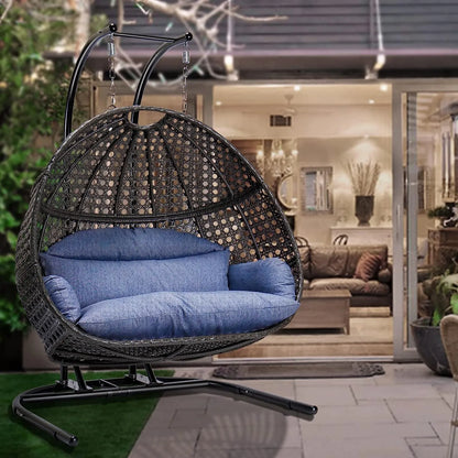 JOYBASE Hanging Egg Chair with Stand, Outdoor Wicker Rattan Egg Swing Chair with Stand and Cushion for Indoor Outdoor Bedroom Patio Garden (Grey/Black)