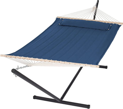 55 Inch Extra Large Double Hammock with Stand, 475lbs Capacity, Outdoor Portable Hammock with Hardwood Spreader Bar, Extra Large Pillow