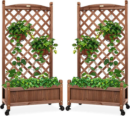 Set of 2 48in Wood Planter Box & Diamond Lattice Trellis, Mobile Outdoor Raised Garden Bed for Climbing Plants w/Drainage Holes, Optional Wheels - Walnut