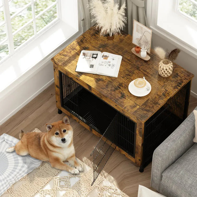 Industrial Style Rustic Brown Wooden Dog Kennel With Three Doors, Indoor Pet Furniture Dog Crate End Table