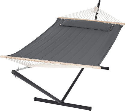 55 Inch Extra Large Double Hammock with Stand, 475lbs Capacity, Outdoor Portable Hammock with Hardwood Spreader Bar, Extra Large Pillow