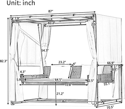 Merax 3-Seat Patio Swing Bed,Outdoor Porch Chair with Adjustable Canopy and Durable Steel Frame for Patio, Garden, Poolside Dark Grey