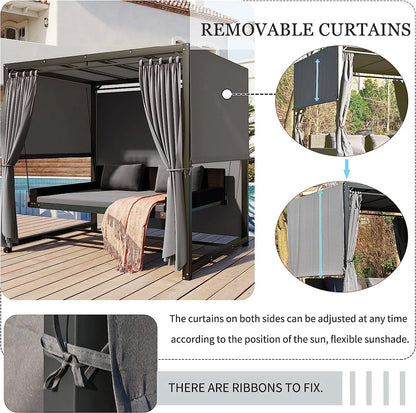 Merax 3-Seat Patio Swing Bed,Outdoor Porch Chair with Adjustable Canopy and Durable Steel Frame for Patio, Garden, Poolside Dark Grey