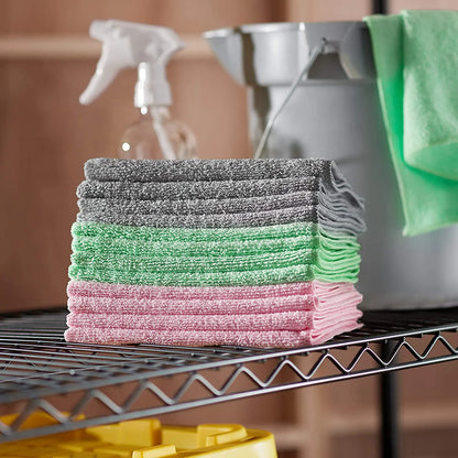 Basics Microfiber Cleaning Cloth, Non-Abrasive, Reusable and Washable, Pack of 48, Green/Gray/Pink, 16" x 12"
