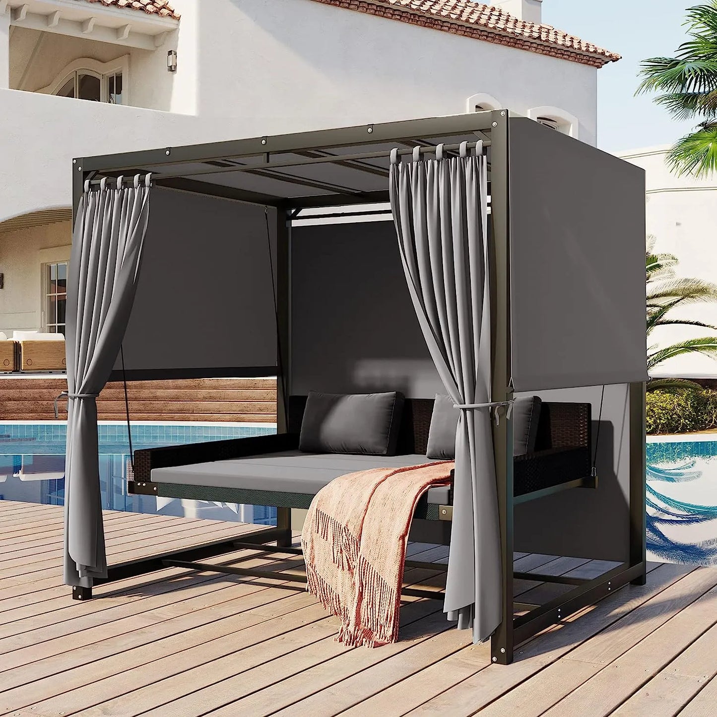 Merax 3-Seat Patio Swing Bed,Outdoor Porch Chair with Adjustable Canopy and Durable Steel Frame for Patio, Garden, Poolside Dark Grey