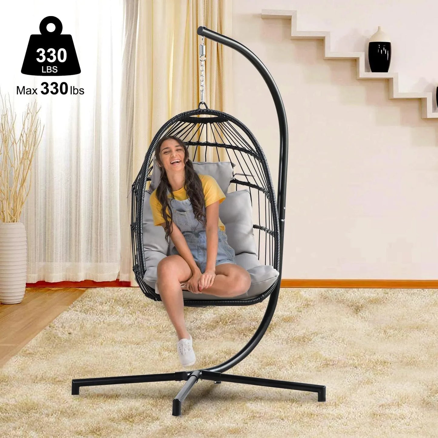PRIVATE GARDEN Large Hanging Egg Chair with Stand Upgraded Wicker Egg Swing Chair Outdoor Indoor PE Rattan Hanging Chair with Grey Comfort Cushion Heavy Duty C-Stand