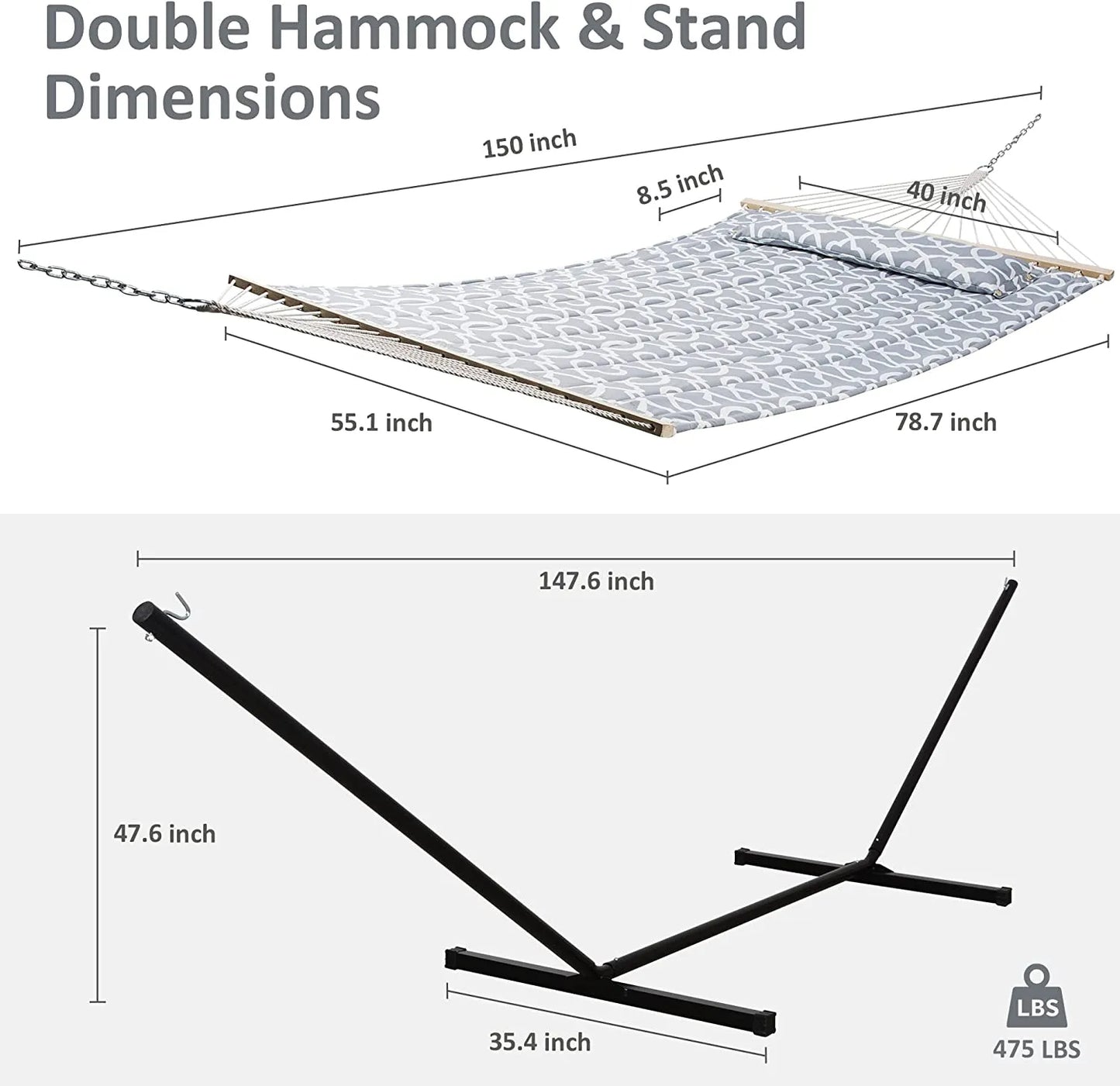 55 Inch Extra Large Double Hammock with Stand, 475lbs Capacity, Outdoor Portable Hammock with Hardwood Spreader Bar, Extra Large Pillow