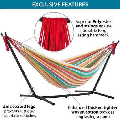 Double Cotton Hammock with Space Saving Steel Stand, Tropical (450 lb Capacity - Premium Carry Bag Included)