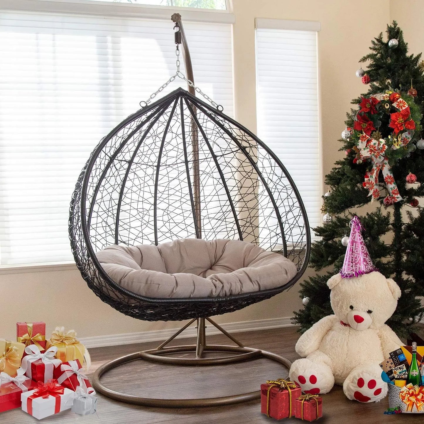 J.M.Deco Porch Swing Chair with Stand, Cushion & Pillow, Goldden Egg Rattan Wicker Swing Hanging Chair, Hammock Chair for Indoor, Outdoor, Garden, Backyard & Patio