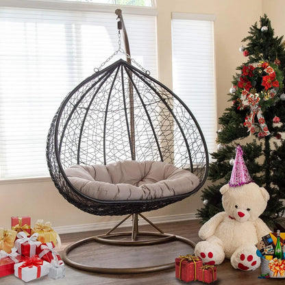 J.M.Deco Porch Swing Chair with Stand, Cushion & Pillow, Goldden Egg Rattan Wicker Swing Hanging Chair, Hammock Chair for Indoor, Outdoor, Garden, Backyard & Patio