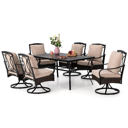 7-Piece Patio Dining Set With 6 Cushioned Steel & Rattan Chairs and Rectangle Table