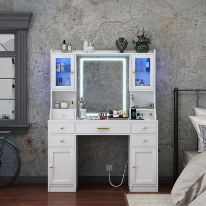 Dnxao Large Make up Vanity Desk with Mirror and Lights,3 Lights Mode and Brightness Adjusted by Touch Button, Built-in Power Strip and 6 Drawers,4 cabinets,2 cabinets with RGB Lights