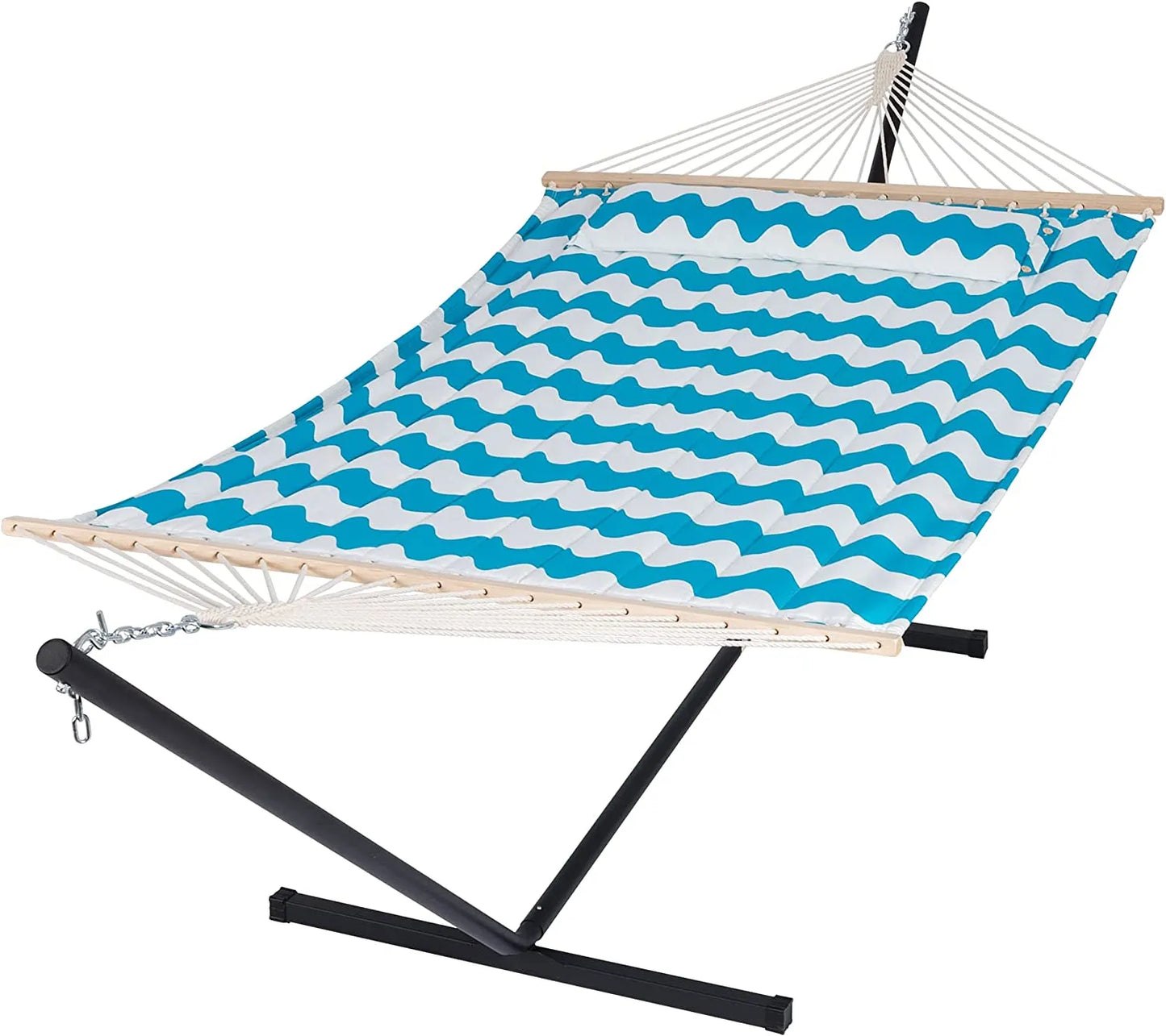 55 Inch Extra Large Double Hammock with Stand, 475lbs Capacity, Outdoor Portable Hammock with Hardwood Spreader Bar, Extra Large Pillow