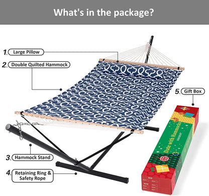 55 Inch Extra Large Double Hammock with Stand, 475lbs Capacity, Outdoor Portable Hammock with Hardwood Spreader Bar, Extra Large Pillow