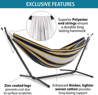 Double Cotton Hammock with Space Saving Steel Stand, Tropical (450 lb Capacity - Premium Carry Bag Included)