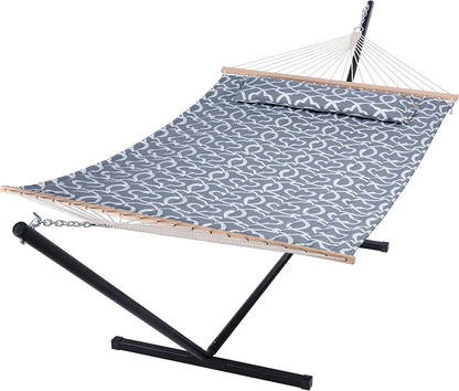 55 Inch Extra Large Double Hammock with Stand, 475lbs Capacity, Outdoor Portable Hammock with Hardwood Spreader Bar, Extra Large Pillow