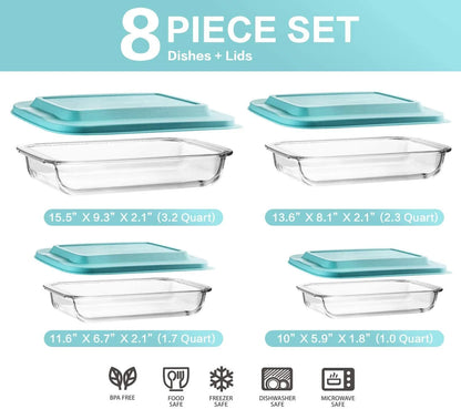 8-Piece Deep Glass Baking Dish Set with Plastic lids,Rectangular Glass Bakeware Set with BPA Free Lids, Baking Pans for Lasagna, Leftovers, Cooking, Kitchen, Freezer-to-Oven and Dishwasher, Gray