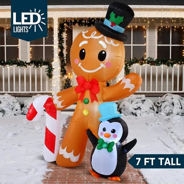 6ft Tall LED Gingerbread with Penguin Decoration
