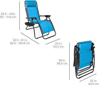 Set of 2 Adjustable Steel Mesh Zero Gravity Lounge Chair Recliners w/Pillows and Cup Holder Trays