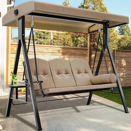YITAHOME 3-Seat Deluxe Porch Swing Outdoor Heavy Duty Patio Swing Chair with Adjustable Canopy Removable Cushions Weather Resistant Steel Frame Suitable for Garden, Lawn, Backyard, Balcony, Brown
