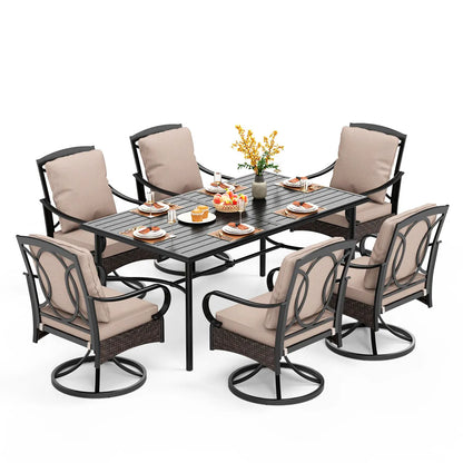 7-Piece Patio Dining Set With 6 Cushioned Steel & Rattan Chairs and Rectangle Table