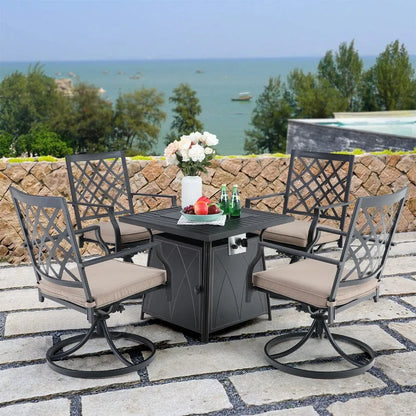 5-Piece Patio Fire Pit Set Steel Swivel Chairs With Cushions & 50,000BTU Square Fire Pit Table