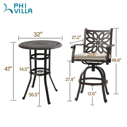 Cast Aluminum Patio Outdoor Pub Height Swivel Bistro Bar Stools Chairs & Table