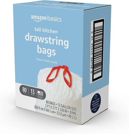 Basics Tall Kitchen Drawstring Trash Bags, 13 Gallon, Unscented, 120 Count (Previously Solimo)