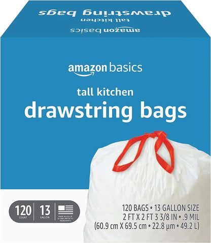 Basics Tall Kitchen Drawstring Trash Bags, 13 Gallon, Unscented, 120 Count (Previously Solimo)