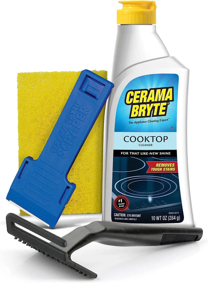 Cerama Bryte Combo Kit POW-R Grip, Scraper, Pad & Removes Tough Stains Cooktop and Stove Top Cleaner for Glass - Ceramic Surfaces, 10 Ounces, 4 Piece