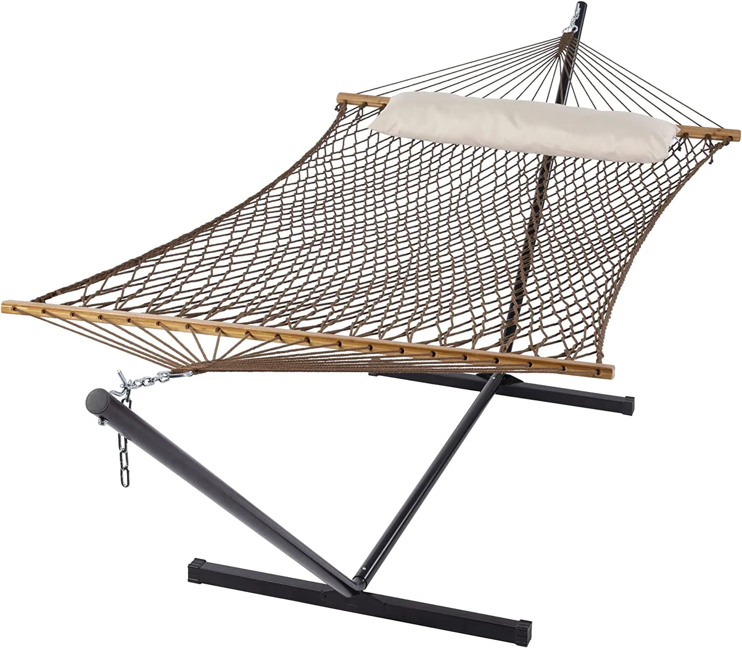55 Inch Extra Large Double Hammock with Stand, 475lbs Capacity, Outdoor Portable Hammock with Hardwood Spreader Bar, Extra Large Pillow