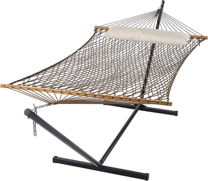 55 Inch Extra Large Double Hammock with Stand, 475lbs Capacity, Outdoor Portable Hammock with Hardwood Spreader Bar, Extra Large Pillow